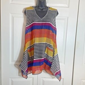 Nouveau Monde Rainbow Striped Swim Cover Up Women S Coral Multi Pockets Hooded